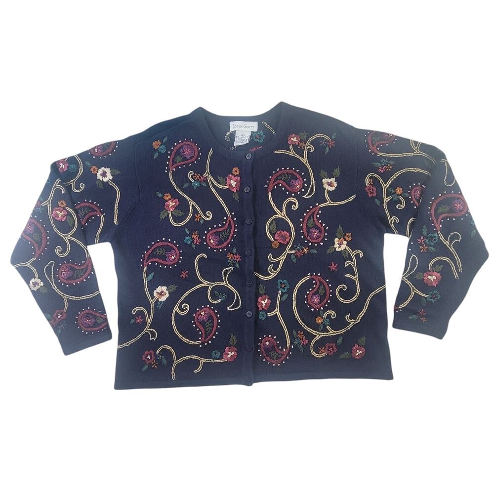 Robert Scott Vintage Embroidered Cropped Cardigan Sweater SZ XL